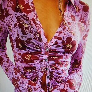 NWT Floral Button-Up Top in Purple and Red
